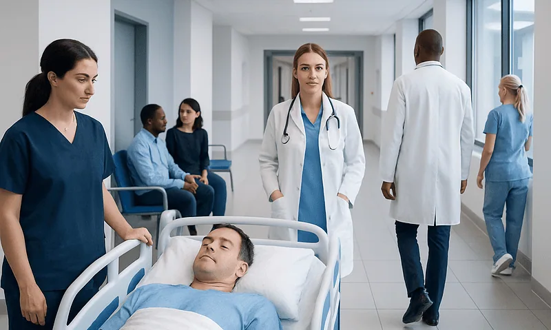 Hospital scene with medical staff attending to a patient in bed.