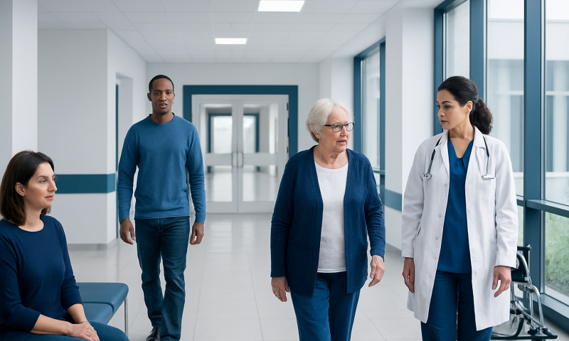 Medical consultation with a doctor and elderly patient in hospital corridor.