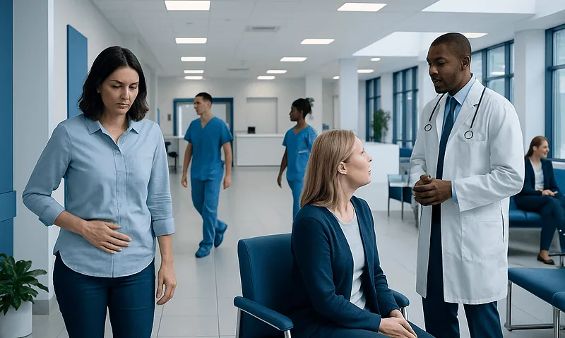 Doctor consulting a patient in a modern hospital waiting area.