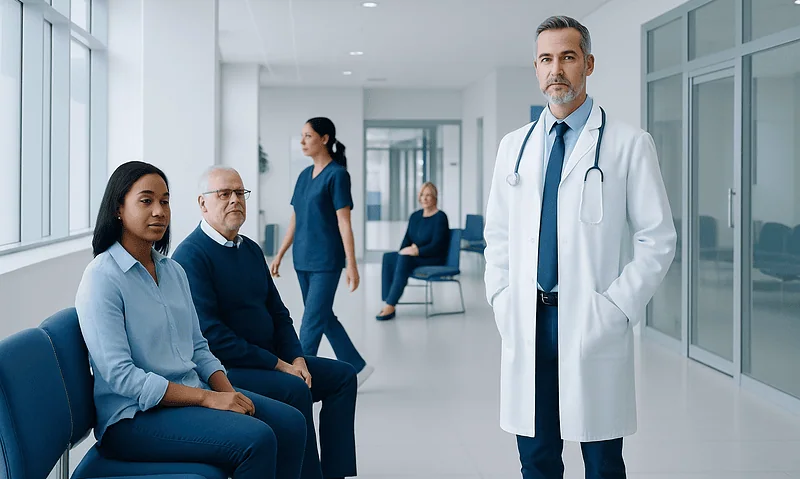 Medical consultation in a modern hospital corridor with doctor and patients.