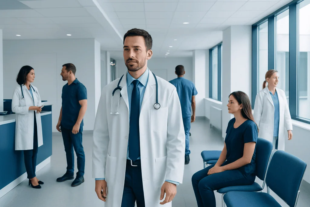 Occupational Medicine: What Patients Need to Know 1 Medical team in hospital corridor with doctor and patients.