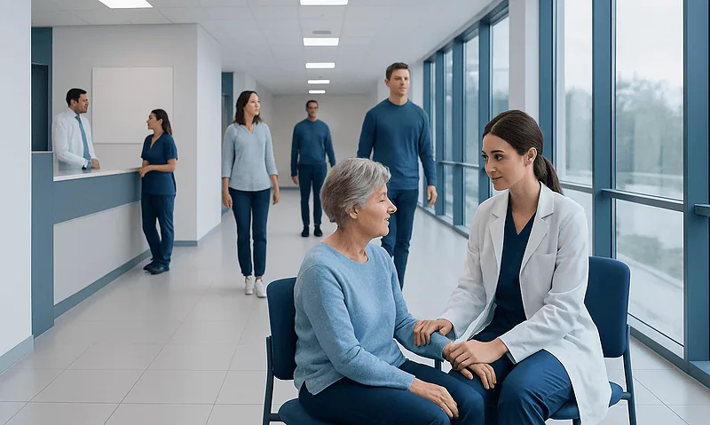 Healthcare professional consulting elderly patient in hospital corridor.