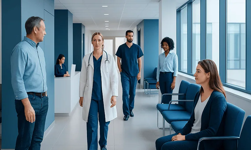 Medical team consulting patient in hospital corridor at Acibadem Hospitals Group.
