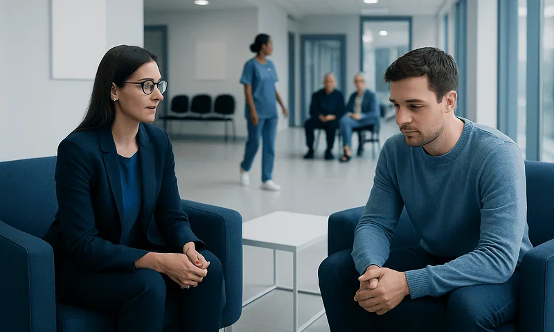 Psychologist and patient in therapy session at Acibadem Hospital.