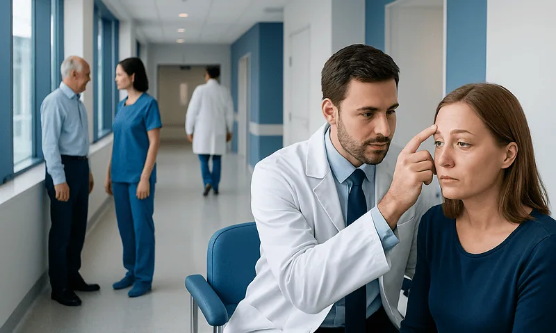 Ophthalmologist examines woman's eye in a hospital corridor.