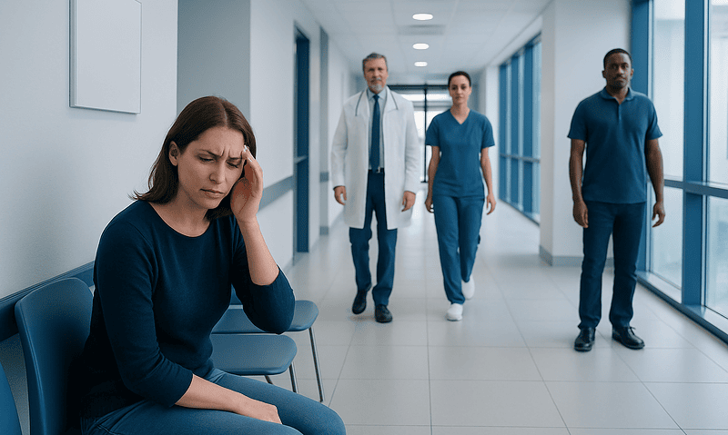 Woman experiencing headache in hospital corridor with medical staff nearby.