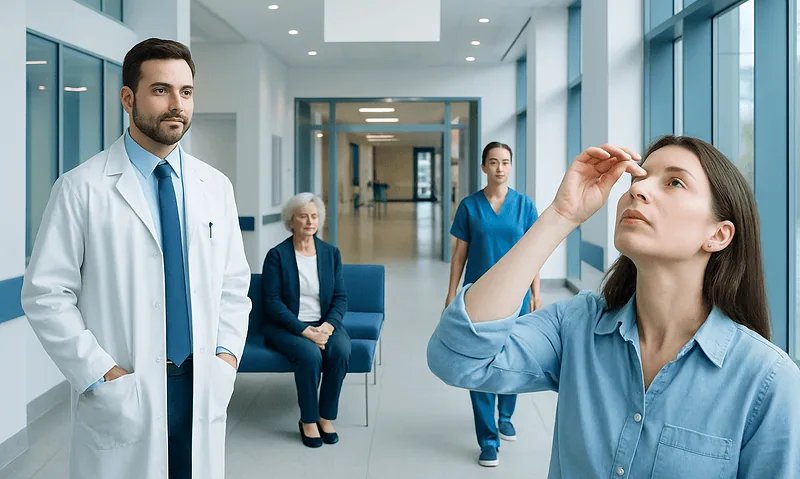 Patient in hospital corridor with medical staff and visitor.