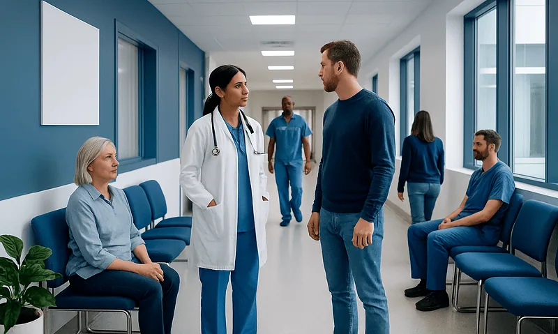 Doctor consulting with patient in hospital corridor with other staff and patients.