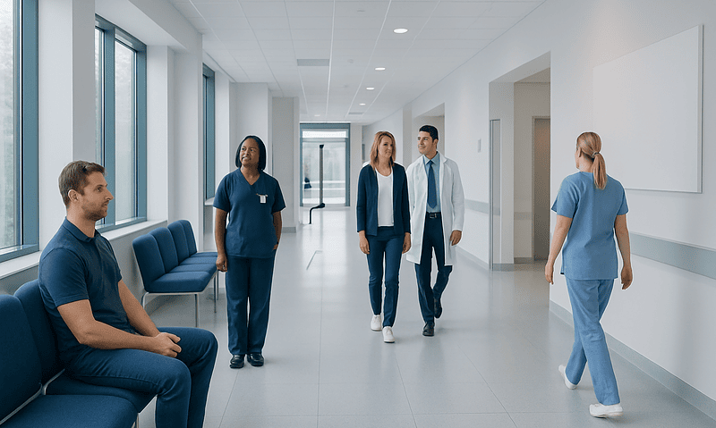 Hospital corridor with medical staff and patients in a modern healthcare facility.