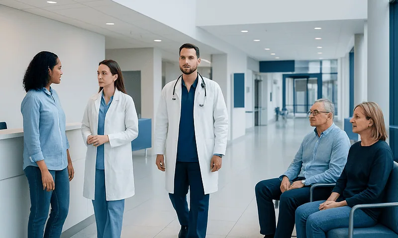 Medical team consulting with patients in a modern hospital corridor.