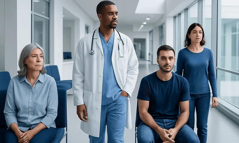 Medical team in hospital corridor with doctor and patients.
