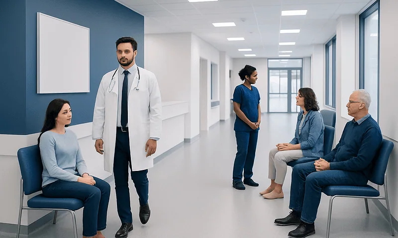 Medical consultation in a modern hospital corridor with doctors and patients.