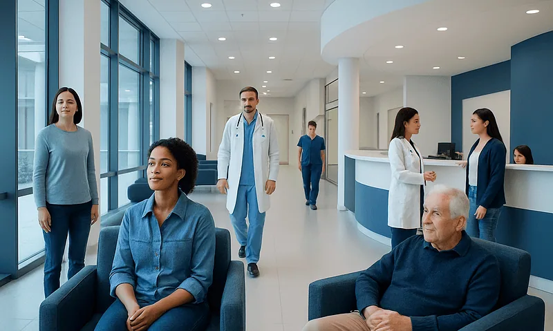 Modern hospital lobby with patients and staff in a bright, welcoming environment.