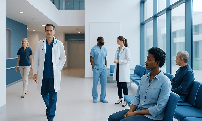 Medical professionals and patients in a modern hospital lobby.