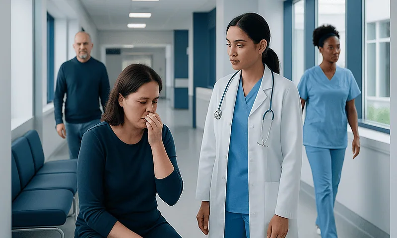 Patient experiencing olfactory hallucinations in a hospital corridor.