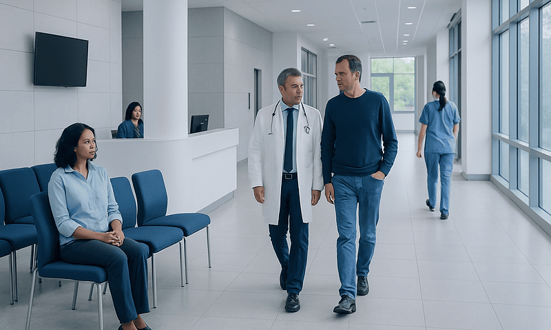 Doctors and patients in a modern hospital corridor.