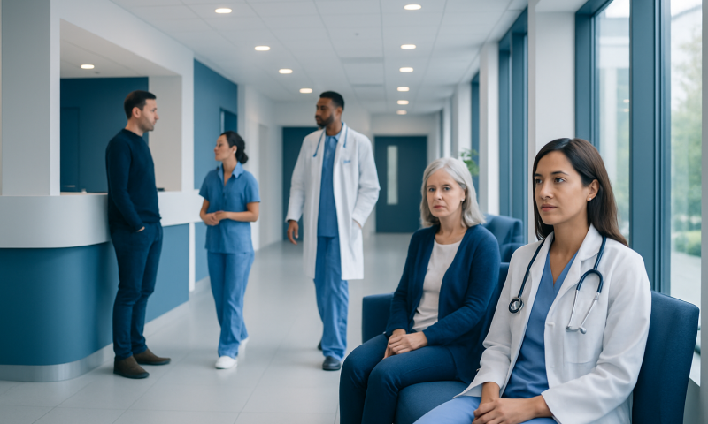 Hospital corridor with medical staff and patients in a modern healthcare facility.