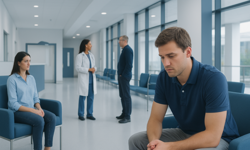 Young man waiting in a hospital corridor with medical staff nearby.
