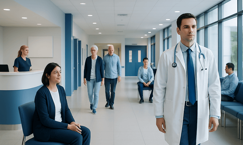 Medical professionals and patients in a modern hospital corridor.
