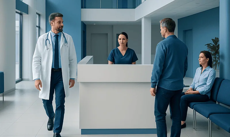 Doctors and patients in a modern hospital reception area.