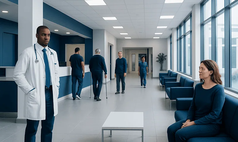 Hospital corridor with medical staff and patient in waiting area.