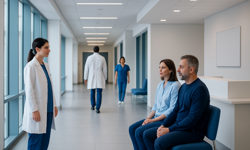 Patients waiting in a hospital corridor with medical staff nearby.