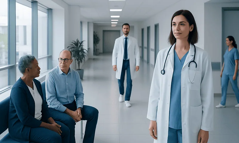 Healthcare professionals and patients in a hospital corridor.