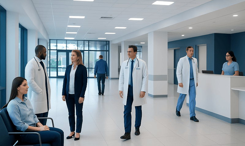 Medical professionals and patients in a modern hospital lobby.