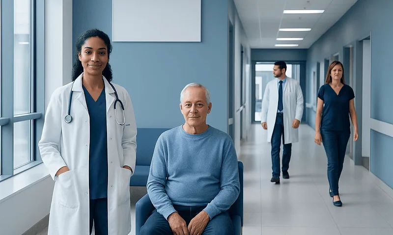 Healthcare professionals with a patient in a hospital corridor.