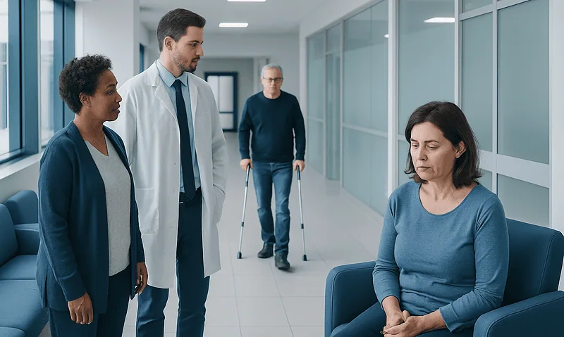 Medical consultation with a patient and healthcare professionals in a hospital corridor.