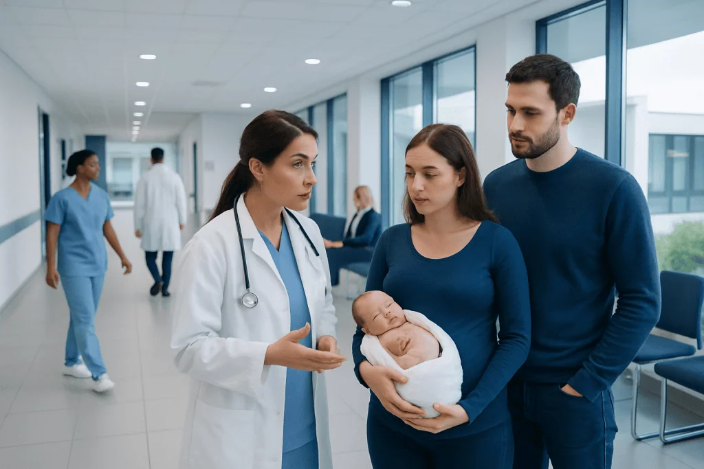 Omphalocele — Explained by Medical Evidence, Not Myths 1 Medical team consulting new parents in hospital corridor.