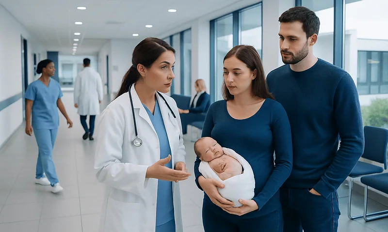 Medical team consulting new parents in hospital corridor.