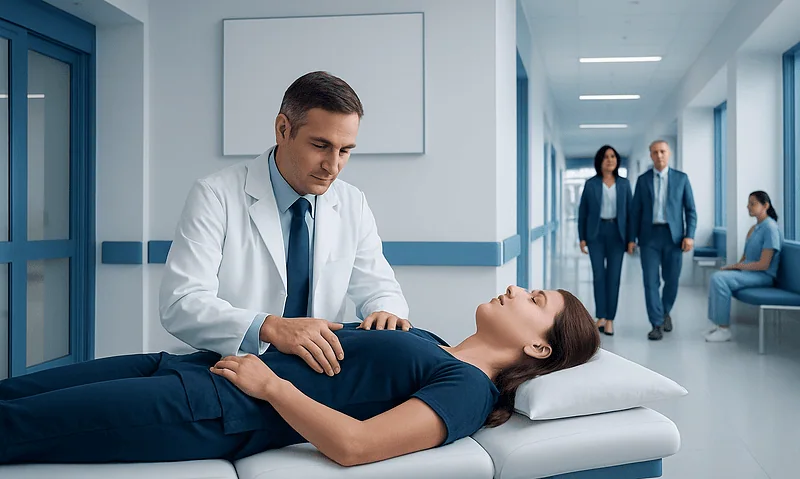 Doctor performing osteopathic therapy on patient in hospital corridor.