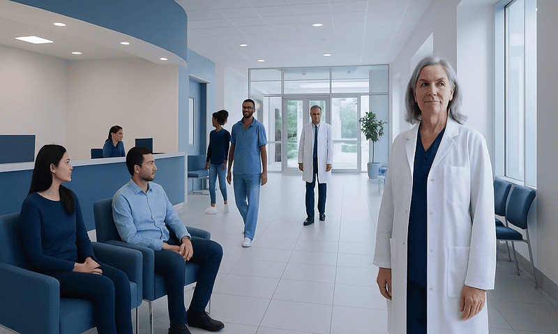 Oncogenes — Explained by Medical Evidence, Not Myths 6 Medical professionals and patients in a modern hospital lobby.