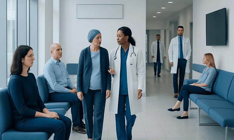 Healthcare professionals and patients in a hospital waiting area.