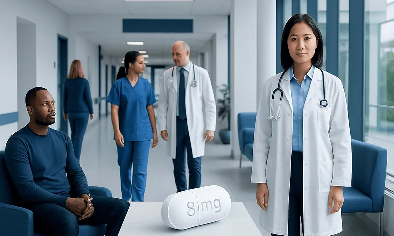 Medical team in hospital corridor with Ondansetron 8mg pill on table.