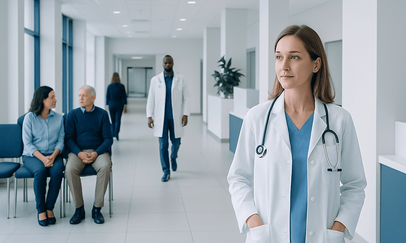 Healthcare professional in a hospital corridor with patients and staff.