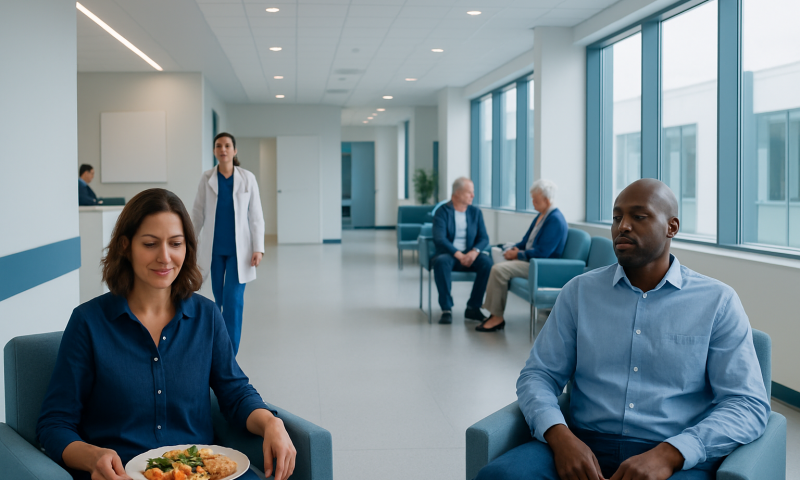 Diverse patients waiting and eating in a modern hospital lounge.