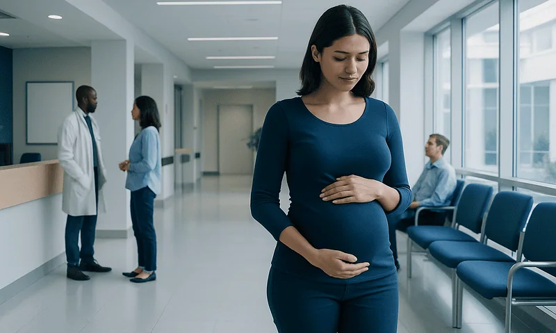 Pregnant woman in hospital corridor with medical staff and patient.