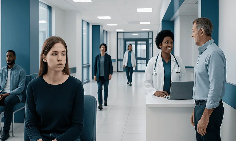 Patients waiting in a modern hospital corridor with healthcare staff.