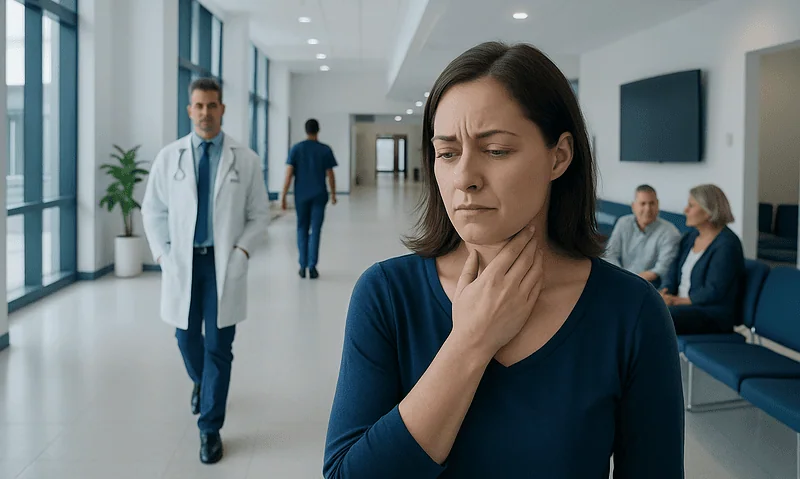 Woman experiencing throat discomfort in a hospital corridor.