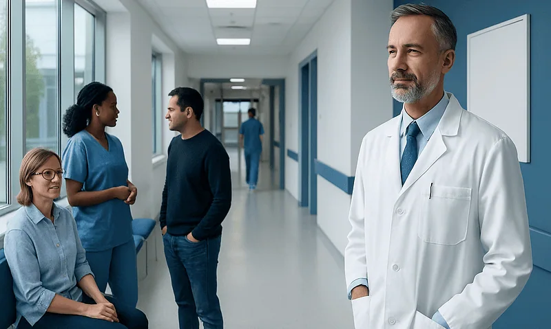 Doctor with patients in hospital corridor, healthcare setting.
