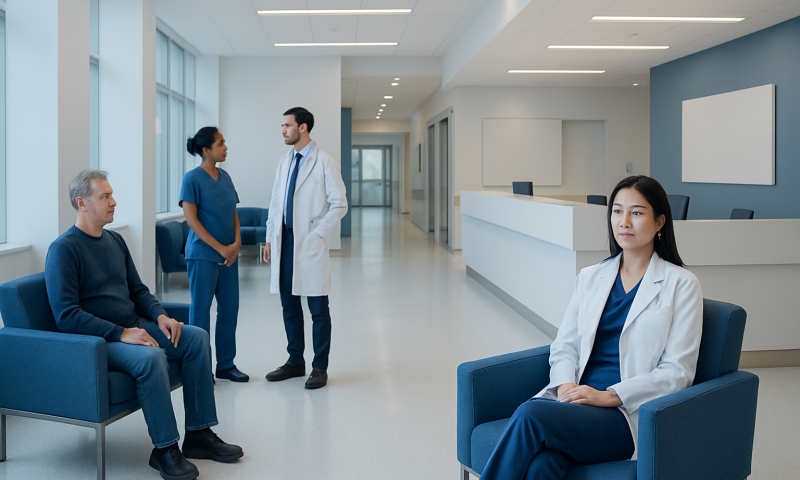 Medical consultation in a modern hospital waiting area with healthcare professionals and patient.