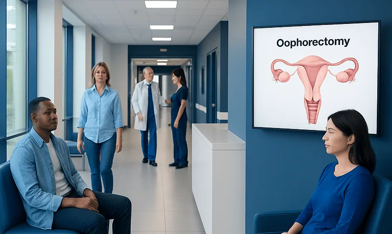 Patients waiting in hospital corridor near oophorectomy information display.