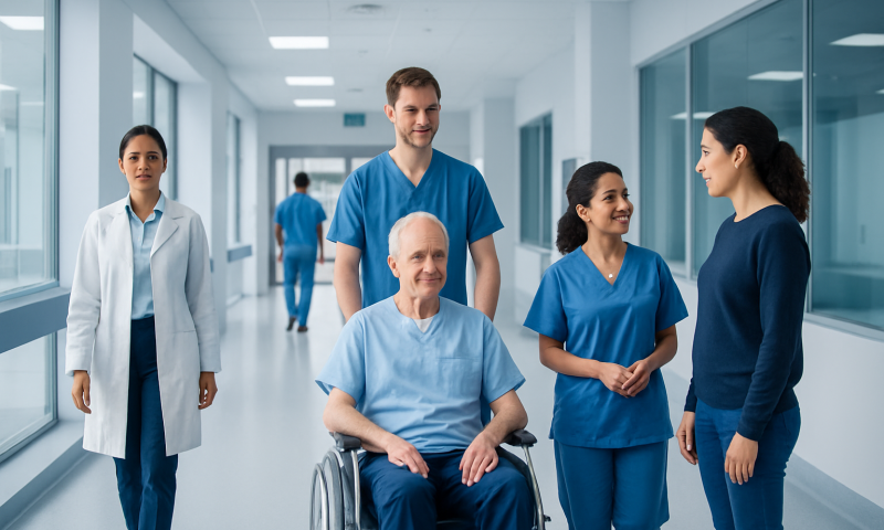 Medical team caring for a patient in a hospital corridor.
