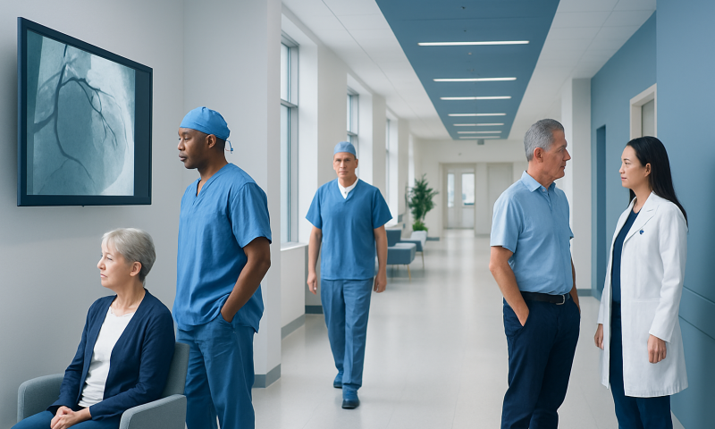 Medical team discussing patient care in hospital corridor with heart imaging.