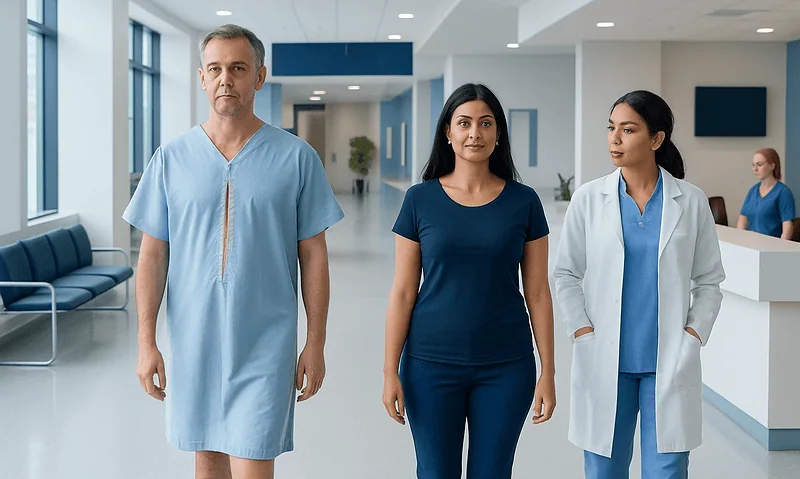 Medical team walking in hospital corridor at Acibadem Hospitals Group.