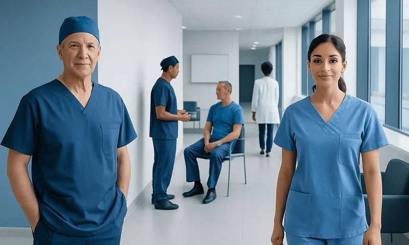 Healthcare professionals in a hospital corridor with a patient in the background.