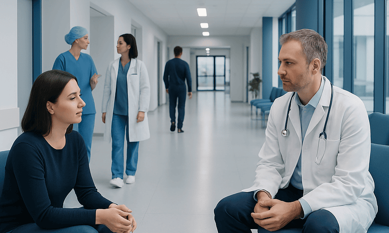 Doctor consulting a patient in a hospital corridor with medical staff in background.