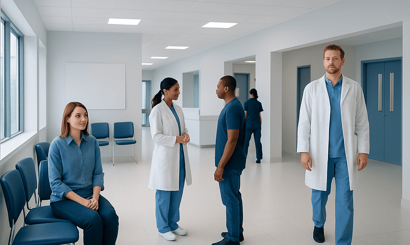 Medical professionals and patient in a hospital corridor at Acibadem Hospitals Group.